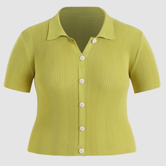 Cider Tops - CIDER | Curve & Plus Lime Green Solid Knit Top with Flower Pattern Buttons 4X